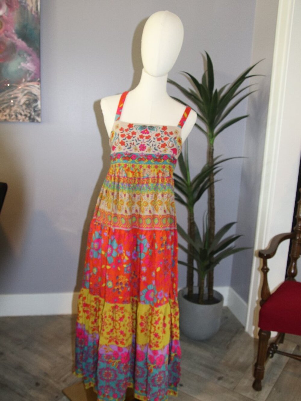 NATURAL LIFE Bright Floral Tiered Maxi Dress in Orange, Yellow, Pink, Turquoise